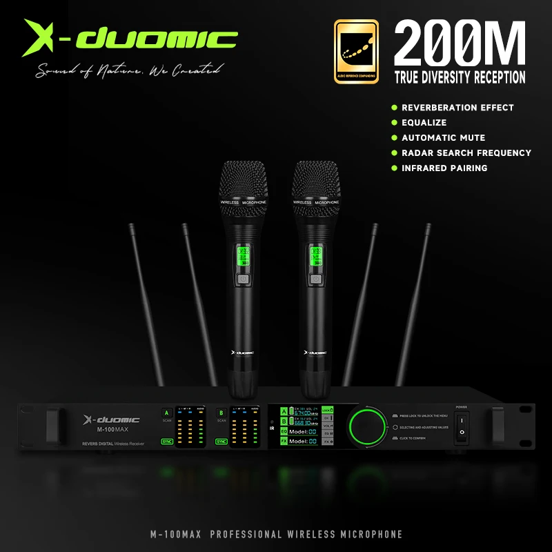 X-DUOMIC M100MAX 무선 마이크 시스템 200미터 범위의 TFT 동적 다기능 컬러 스크린(이퀄라이제이션 및 리버브 포함) 교회 가라오케 공연에 적합한 UHF 듀얼 채널 핸드헬드 마이크