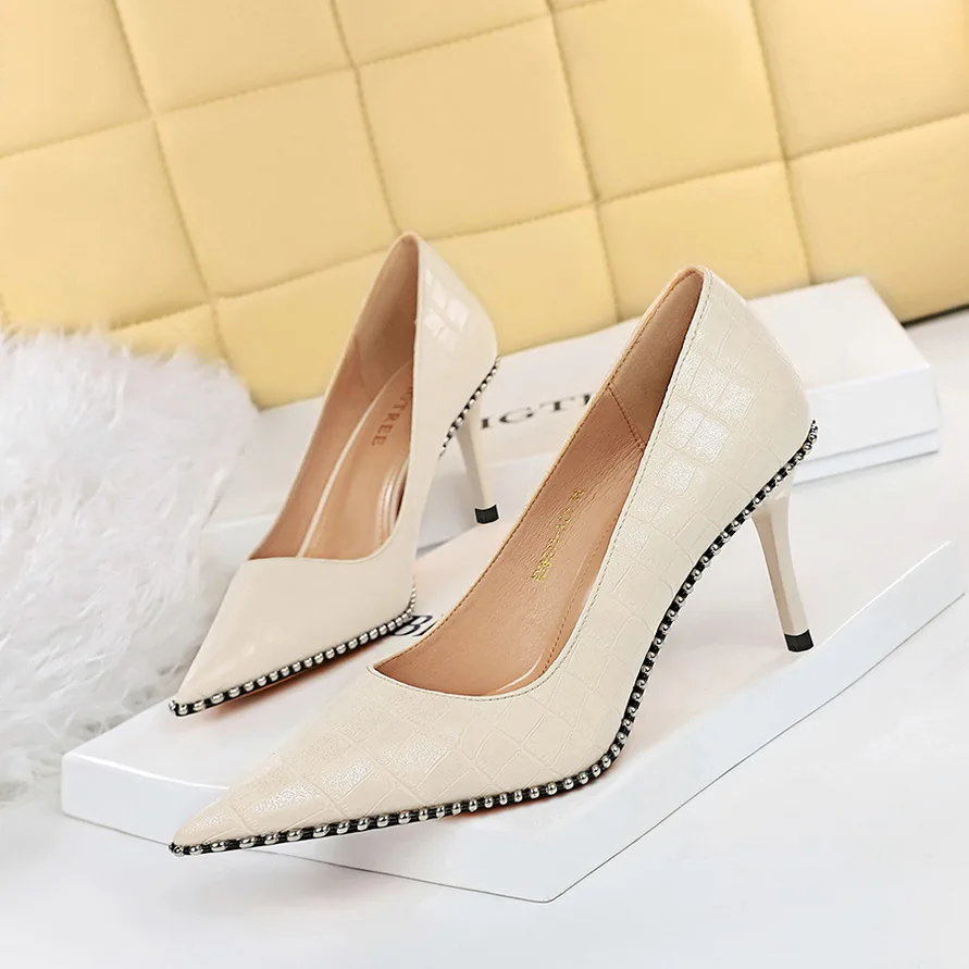 BIGTREE Shoes White Women Pumps PU Leather Shoes High Heels Stiletto Luxury Party Shoes Metal Chain Rivets Heels Pumps Shoes