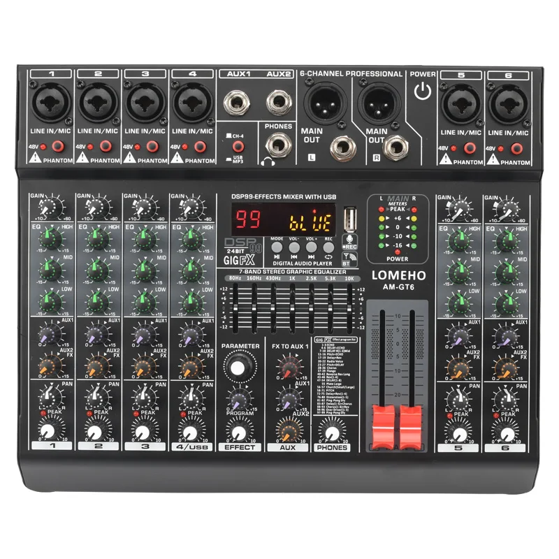 Lomeho 99 Effect 7 Band Eq Sound Mixer Console Di Missaggio Audio A 6 Canali Usb Play Record Bluetooth 2 Aux Dj Control Table Am-Gt6