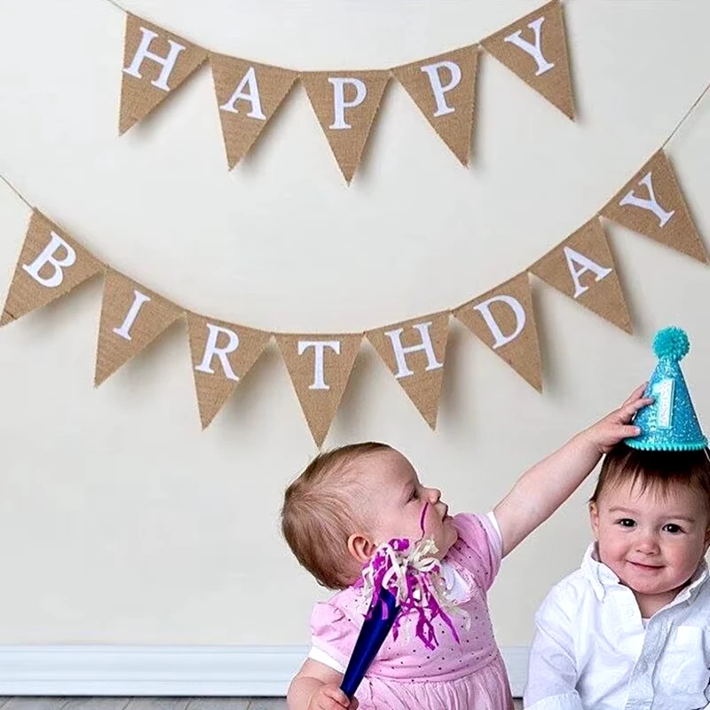 Vintage Jute Hessian Burlap Banner 13 Flags Happy Birthday Party Photography Props Celebration Party Decoration Banner birthday banner party decorations