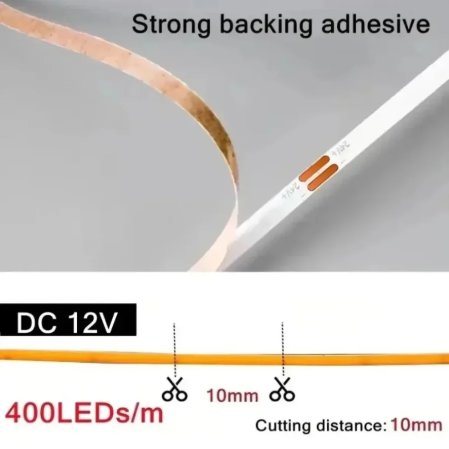 12V 24V 3mm 초미세 COB LED 스트립 라이트 디밍 가능 5m 고밀도 유연한 400LED 라이트 스트립 방 TV 배경 장식