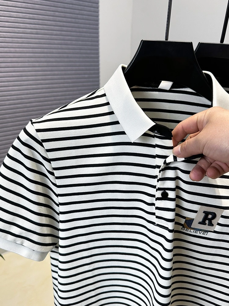 High end brand embroidery men short sleeve polo shirt fashion black white striped summer comfort breathable youth trend T-shirt 10 Sf3dd79d5c27845ac8654f7ad1159975e4