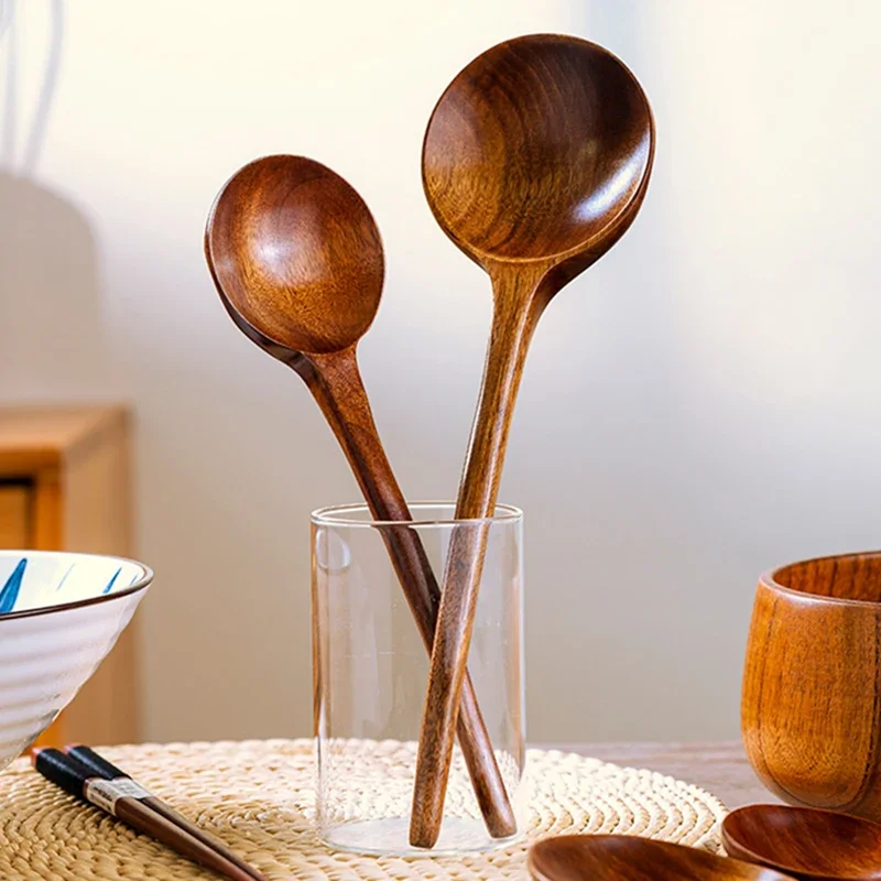 1Pc Big Wooden Spoon Long Handle Soup Spoon Wood Japanese Ramen Noodle Soup Ladle Kitchen Cooking Mixing Serving Tableware