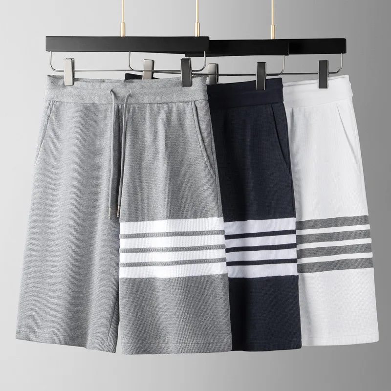 

TB THOM Men Short Pants Summer High Quality Waffle Pure Cotton Outdoor Sweatpants Korean Style Fashion 4-Bar Striped TB Shorts