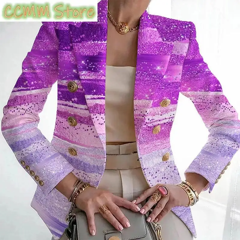 Autumn Women Striped Printed Sequin Blazers Coat Winter Long Sleeve Office Top Outwear Fashion Turn-Down Collar Buttoned Jackets