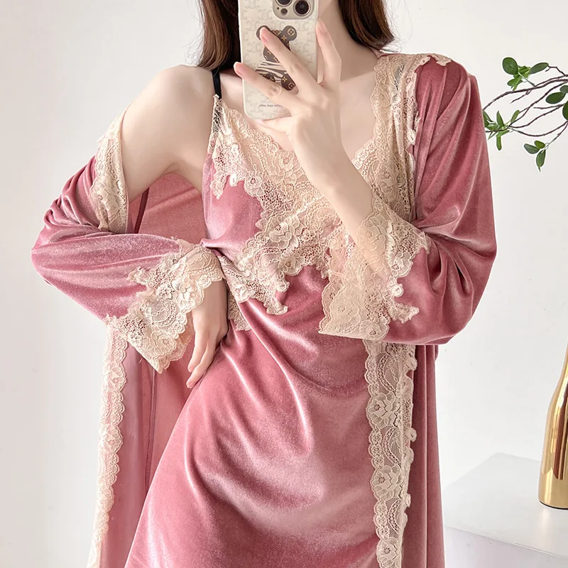 

Winter Velour Robe Sets Sexy Lace Hollow Out Sling Nightie Kimono Sleepwear Women Bathrobe Gowns Ladies Nightgown Sleep Suit