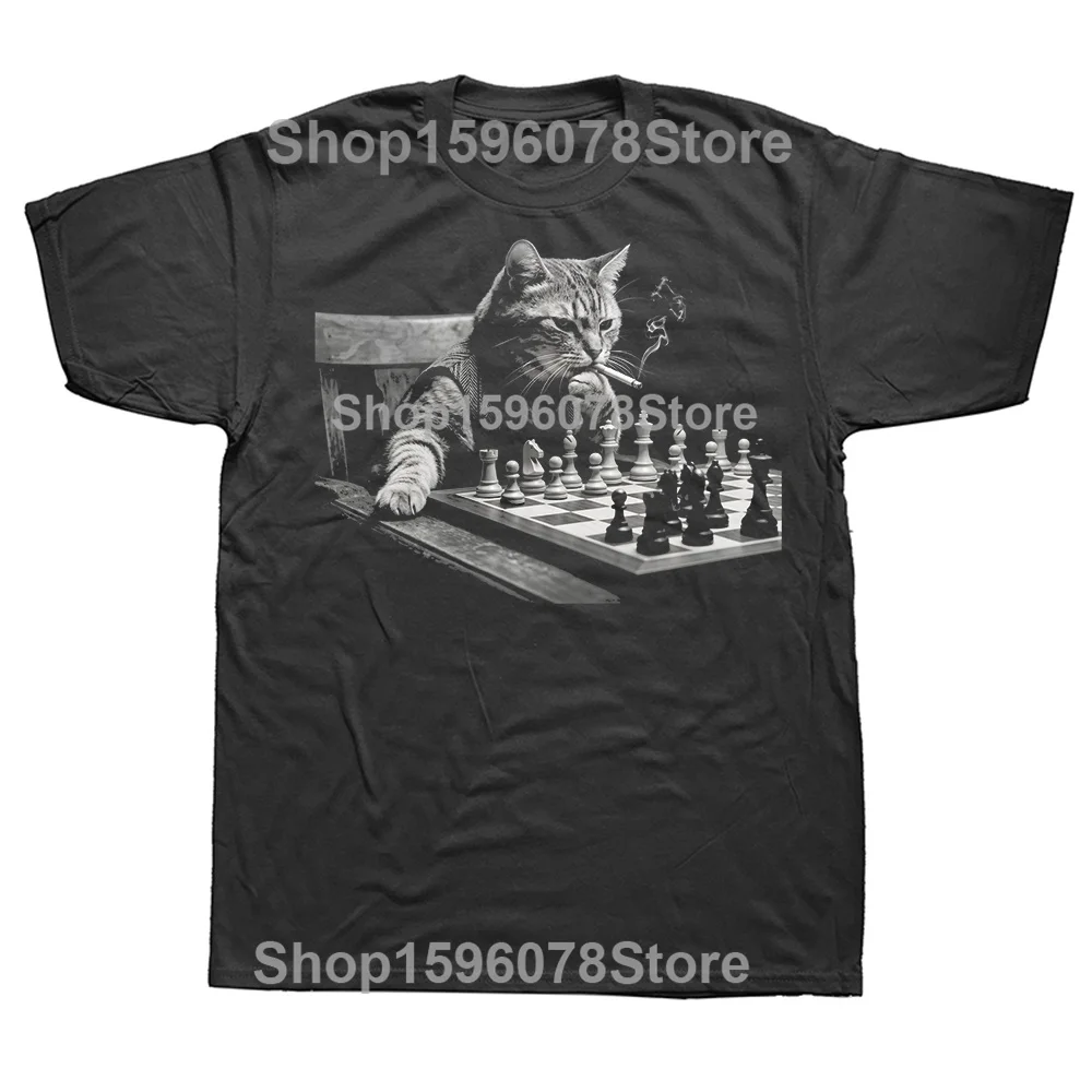 Chess Cat Smoking Graphic Unisex Cotton T-Shirt - Oversized Streetwear Hip Hop Fashion