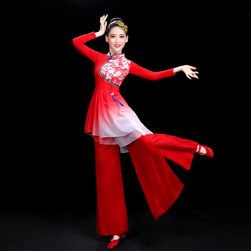 Yangko Dance Costume Women Chinese National Dancing Dancer Wear Long Sleeve Hanfu Clothing Square Dance Outfit Red 3XL