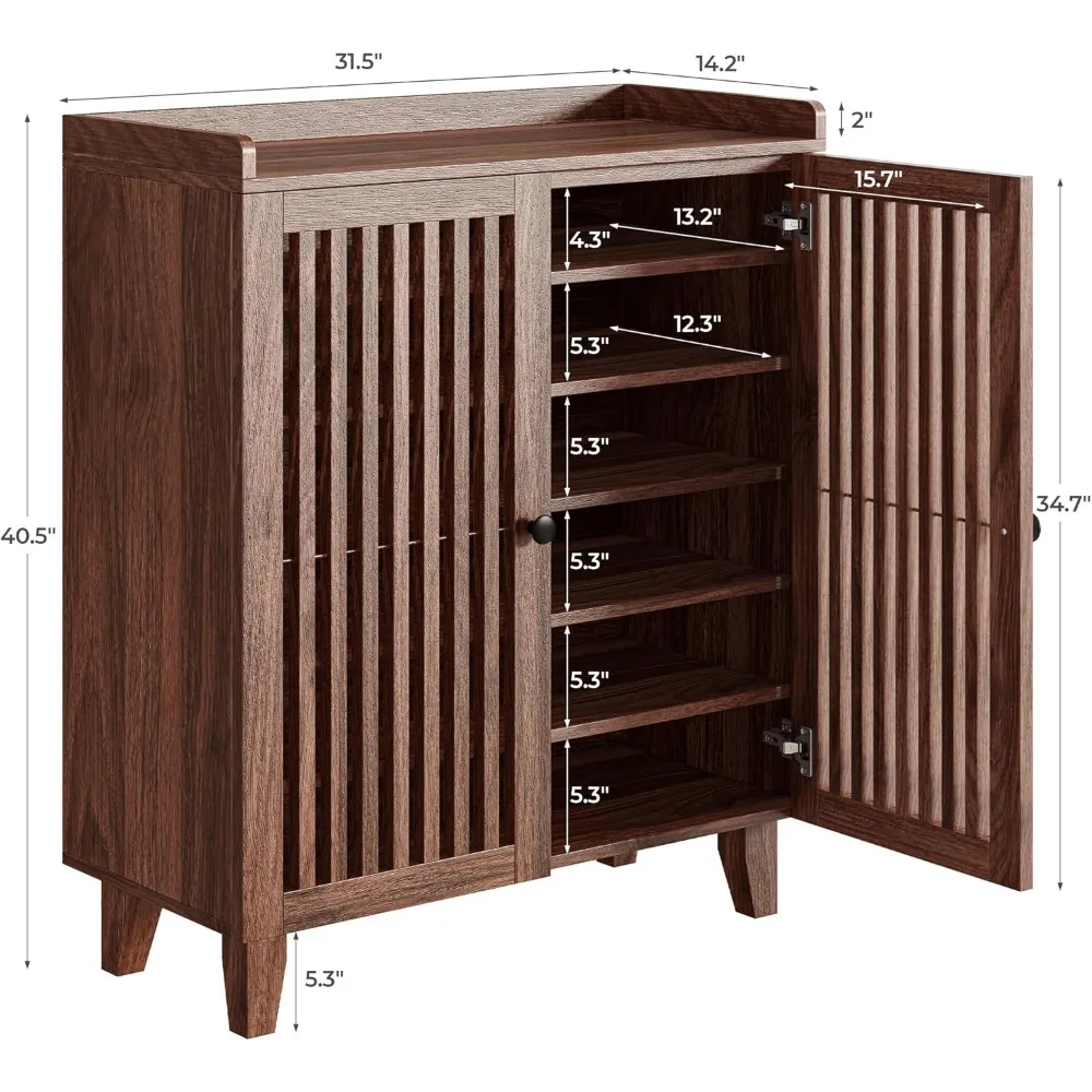 shoe cabinet with slatted doors, 6-tier shoe storage cabinet with adjustable shelves, wooden shoe rack organizer for entryway,