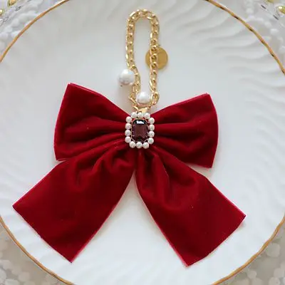 Japanese Maiden Pearl Rhinestone Bow Bag Charms Handmade Fantasy Bag Hanging Chain Pendant Lolita Women Bag Pendant