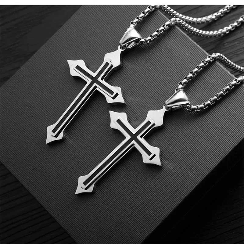 Vintage Stainless Steel Cross Pendant Necklace For Men Punk Fashion Amulet Men's Chain Necklace
