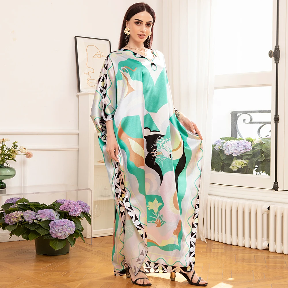Elegant style V-neck Color contrast Printing Abstract Split fork Irregular Regular sleeve Kaftan