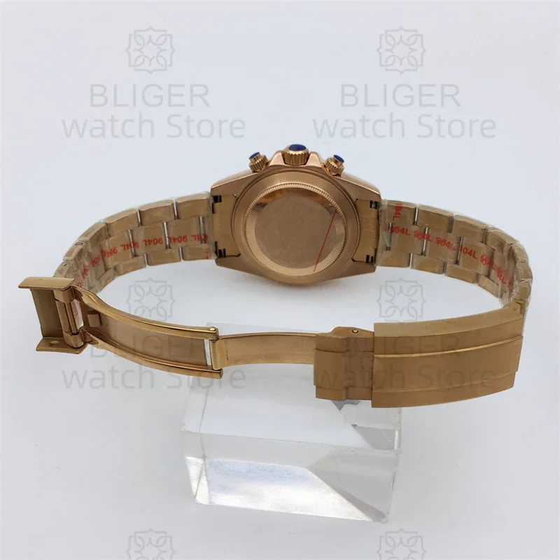 BLIGER Luxury Fashion Rose Gold Quartz Chronograph Business 39mm Sapphire Crystal Men's Watch VK63 Movement Luminous Black Dial