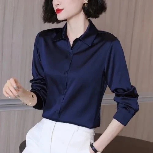 Brand Quality Luxury Women Shirt Elegant Office Button Up Long Sleeve Shirts Momi Silk Crepe Satin Blouses Business Ladies Top dark blue
