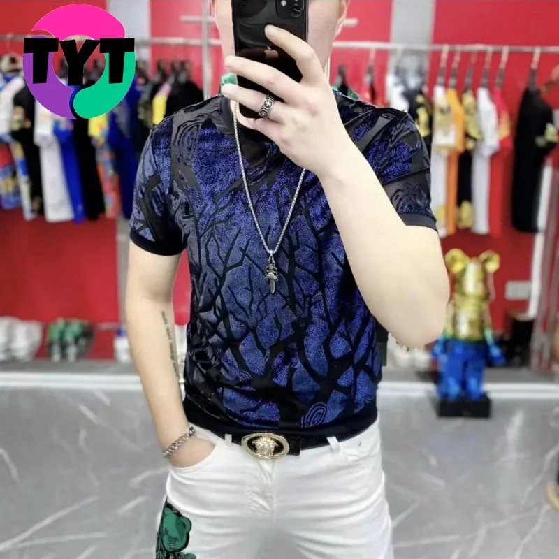 

2022 Flocking T Shirt Men Short Sleeve Laser Colorful Casual T-Shirt Crew Neck Tee Luxury Streetwear T-shirt Men Clothing