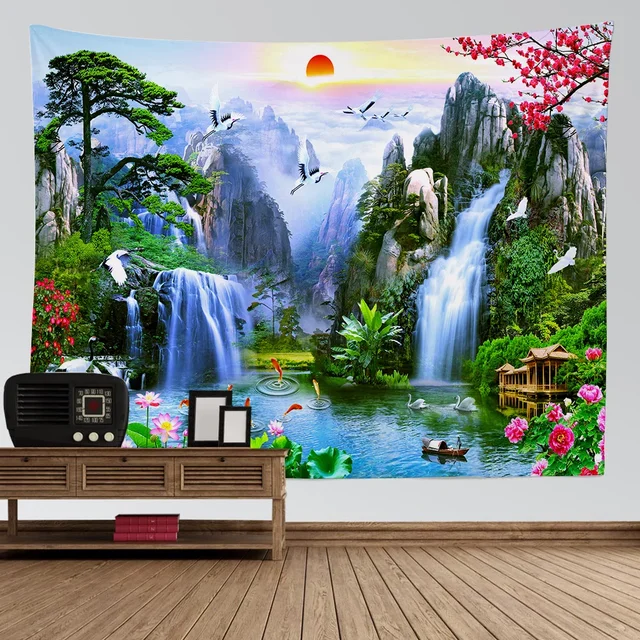 Tapisserie de paysage naturel, décoration esthétique pour salle, cascade de montagne, oiseau, coucher de soleil, fleur, décoration murale suspendue pour la maison 1