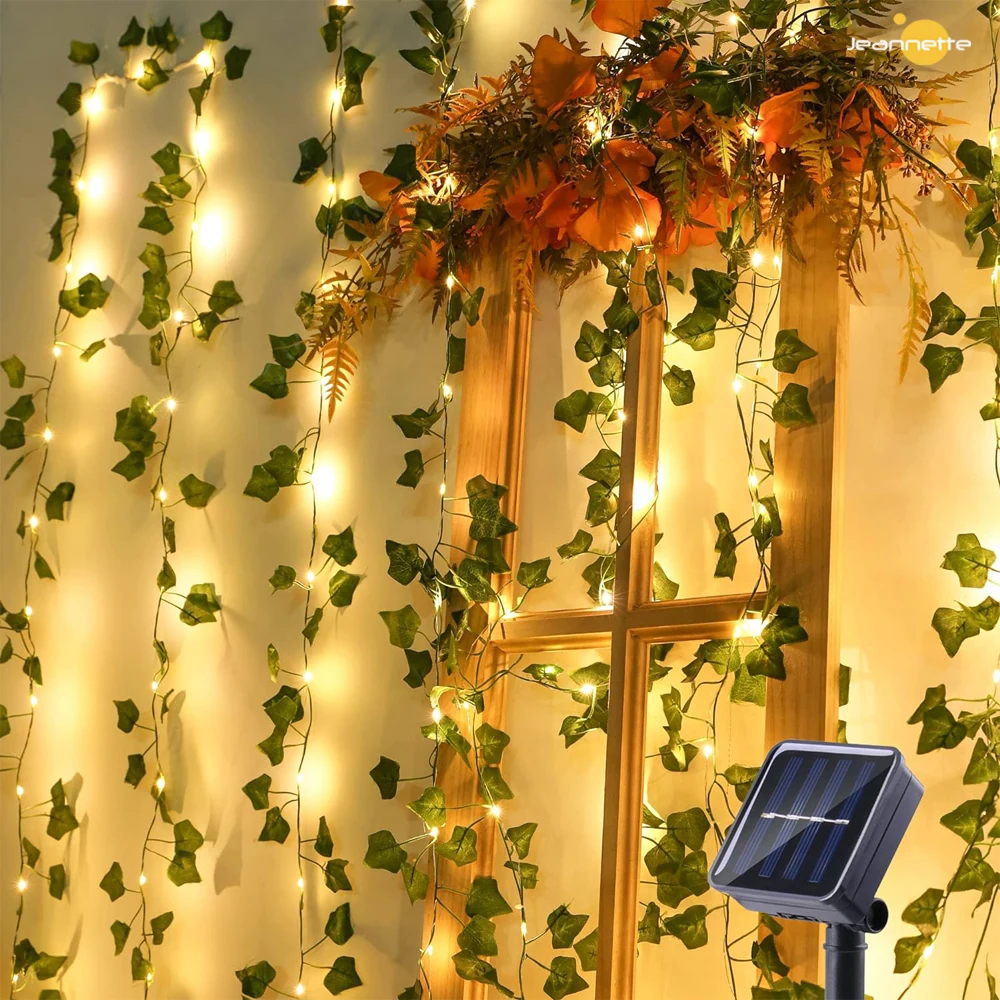 Solar Vine String Lights LED Solar String Lights Outdoor Waterproof Artificial Ivy Leaf Plants Lights for Garden Wedding Fence