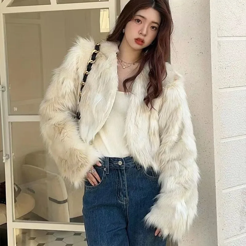 fashion casual round neck jacket winter new women faux rabbit fur coat female temperament thickening solid color loose outwear Women's Faux Fox Fur Coat, Gradient, Loose, Thicken, Warm, Casual Outwear, V-neck, Female Temperament, Winter Fashion, New, 2024