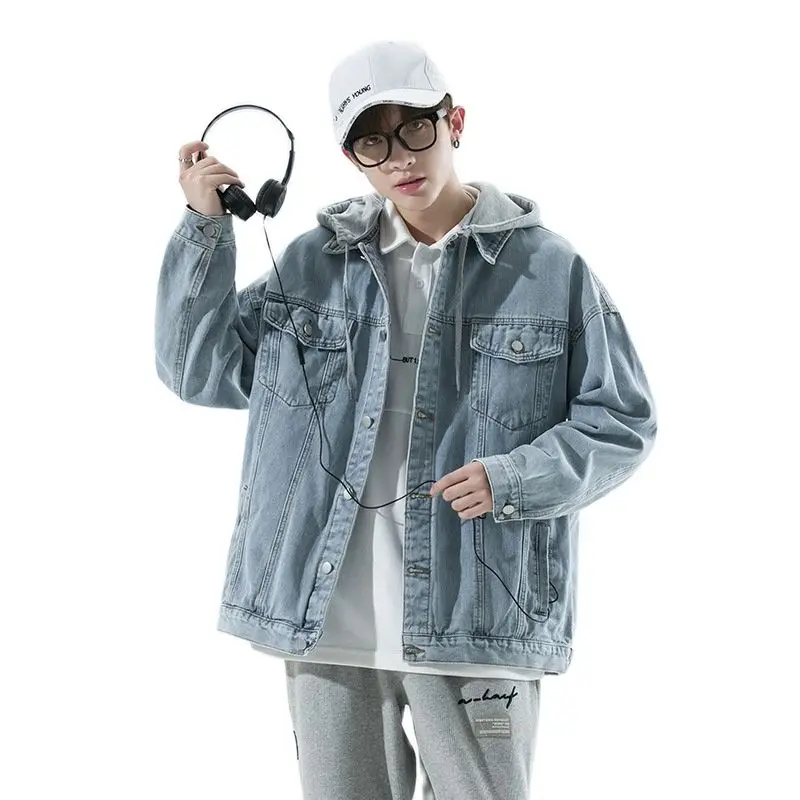

Men's Spring Autumn Denim Casual Jacket Hooded Loose Safari Style Fake Two Piece Outwear