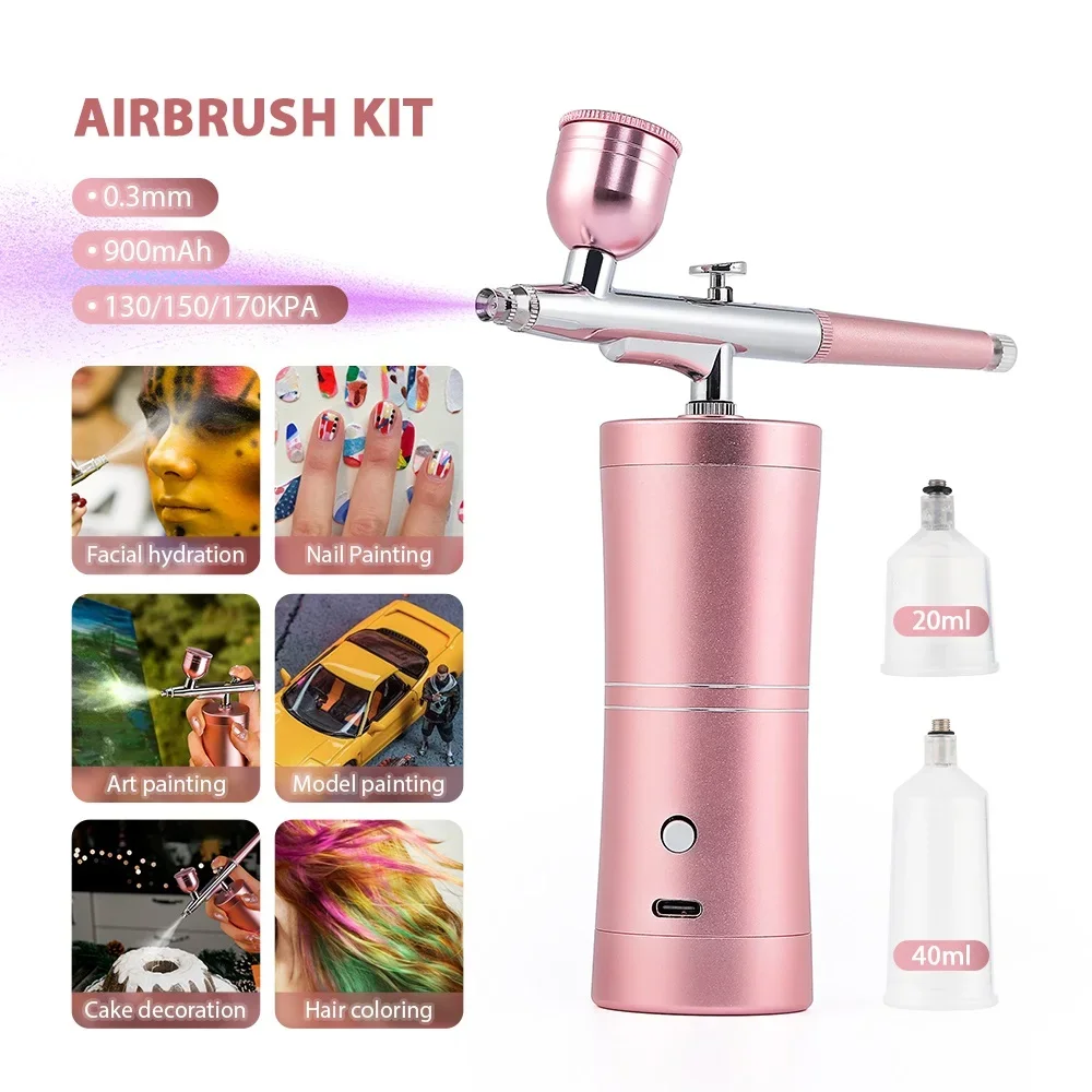 Top 0.3mm Pink Mini Air Compressor Kit Air-Brush Paint Spray Gun Airbrush For Na