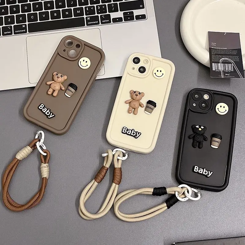 Stylish 3D Bear Phone Case with Lanyard Attachment