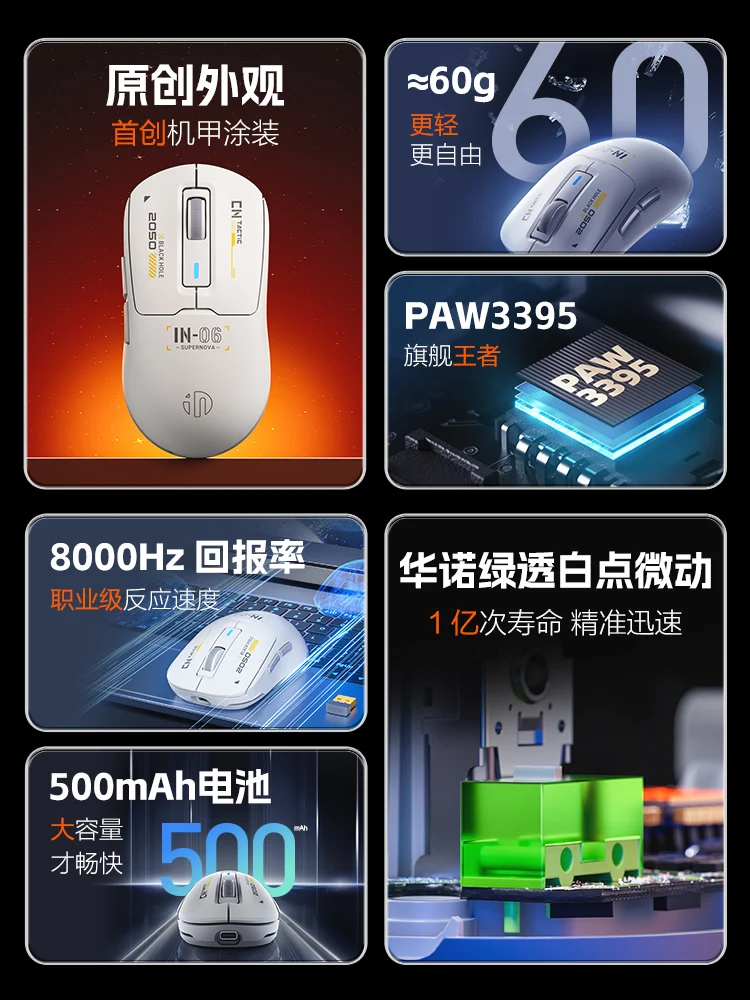 Inphic IN6 무선 마우스 블루투스 3 가지 모드 경량 마우스, RGB 인간 공학 PAW3395, 긴 내구성 맞춤형 게이밍 마우스