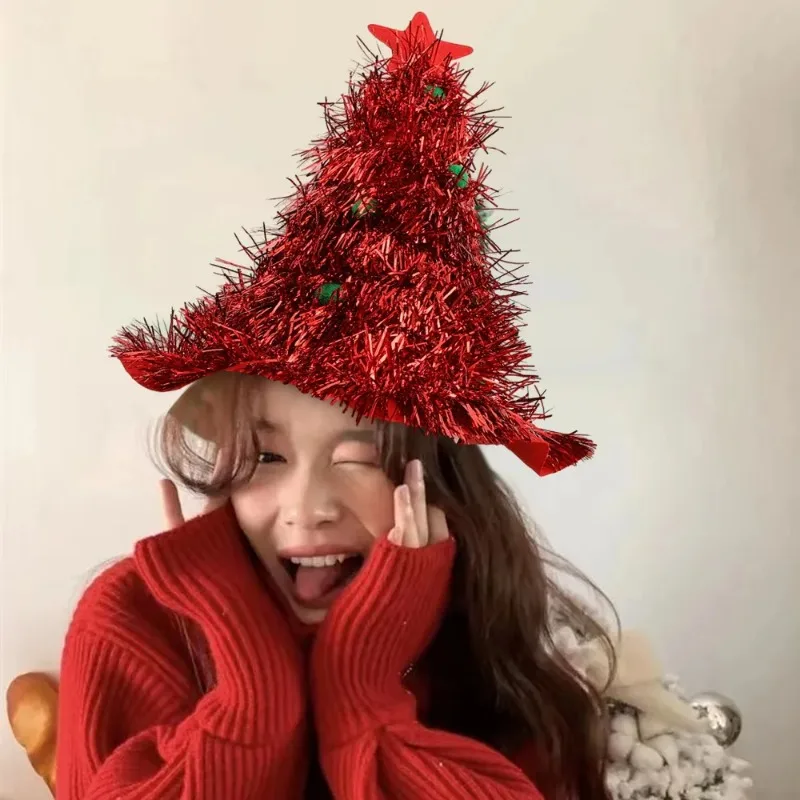 Christmas Tree Hats Fabric Rain Silk Hat for Adults Kids Funny Santa Hat with Tinsel Xmas Holiday Party Costume New Year Decor