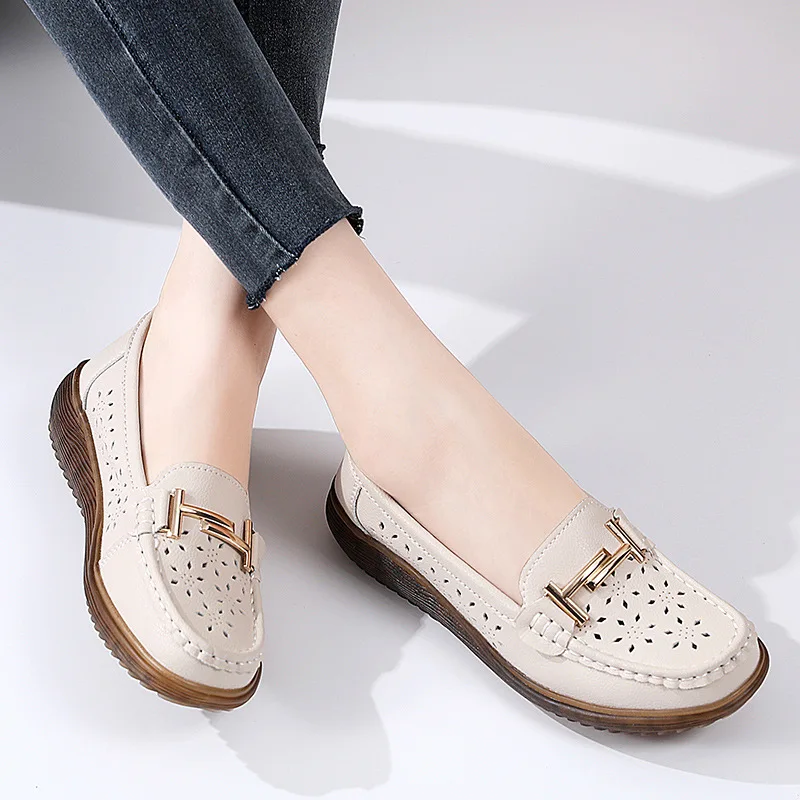 

Genuine Cowhide Leather Women's Casual Vulcanize Shoes New Designer Sport Walking Shoes Summer Ladies Hollow Out Sneakers