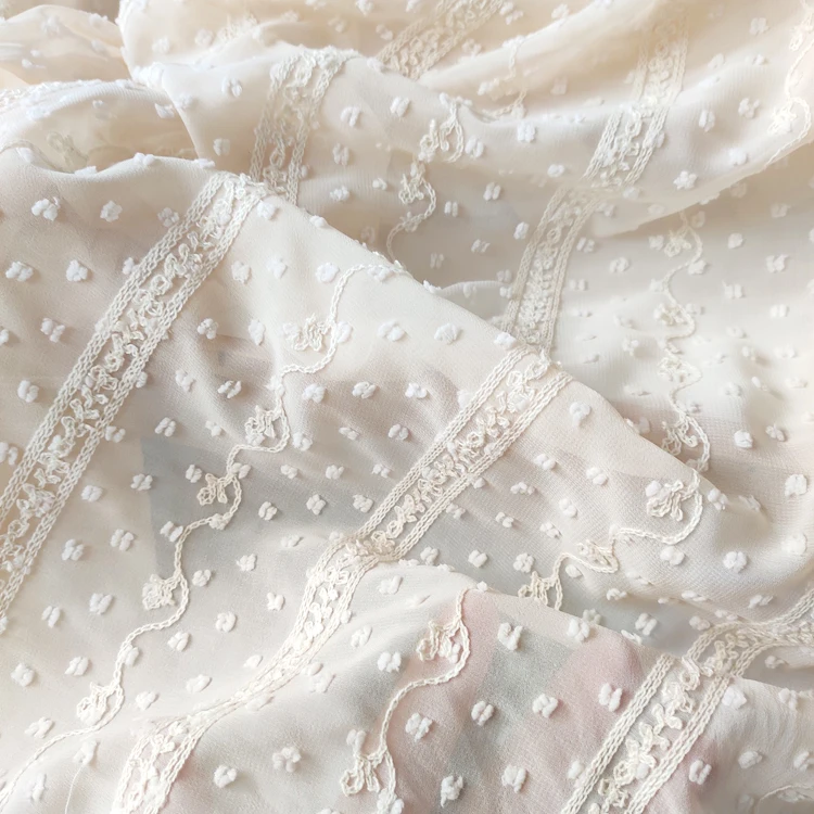 Beige White Chiffon Embroidered Lace Fabric DIY Summer Women's Dress Fabric Skirt Clothing Material