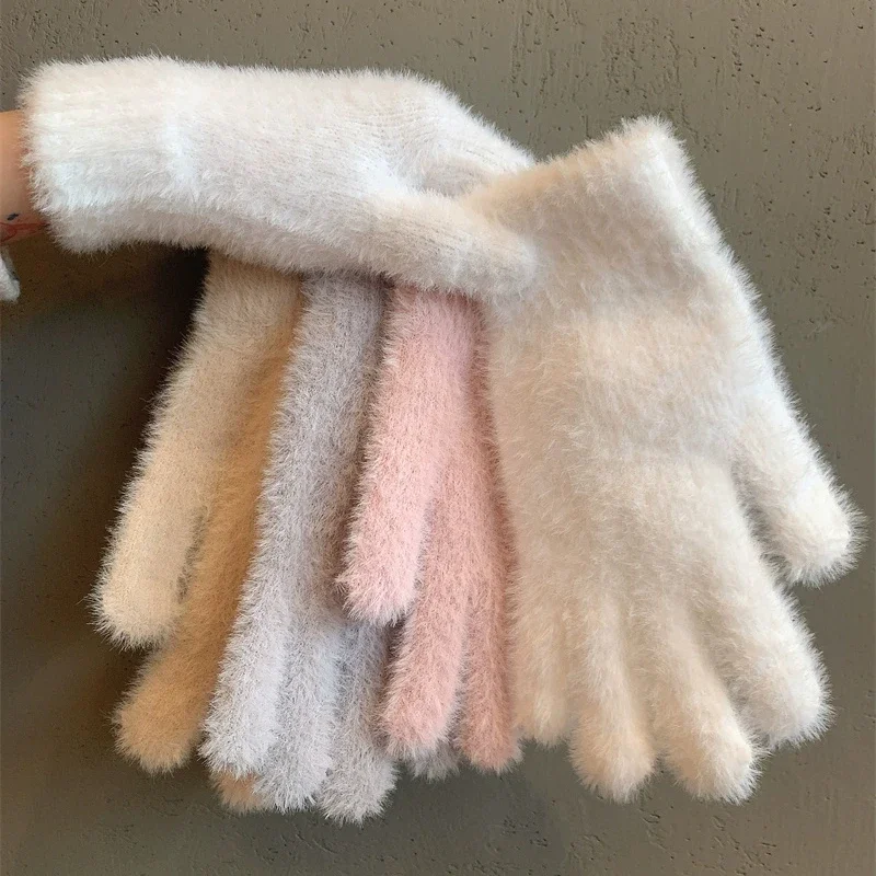 Mink Velvet Gloves Fashion Winter Five Finger Plush Warm Cold-proof Women Outdoors Cycling Solid Color Wistiti Mittens