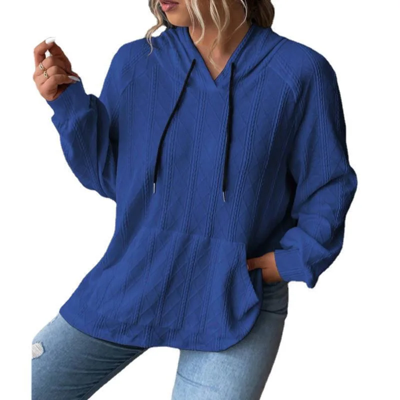 2023 Autumn and Winter Women's Fashion Jacquard Patch Pocket Loose Large Hooded Casual Simple Commuter Pullover Panel Sweater