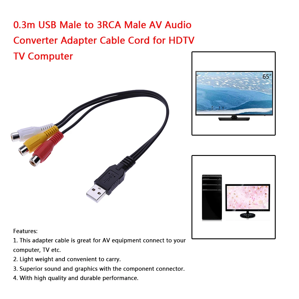 USB Male A to 3 RCA   ̾     ̺,  ǻ TV ڽ