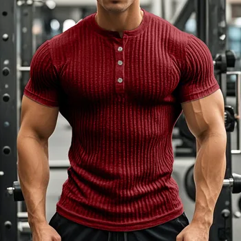 T-shirt sportiva estiva da uomo casual a maniche corte elasticizzata con bottoni, abbigliamento fitness in fibra di poliestere, vestibilità slim, girocollo