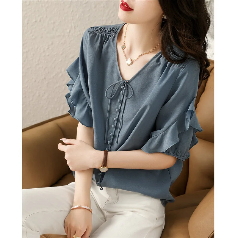 Ruffle V Neck Lace Up Solid Button Blouse Women Summer Casual Fashion Shirts Short Sleeve Loose Elegant Chic Top Female Clothing