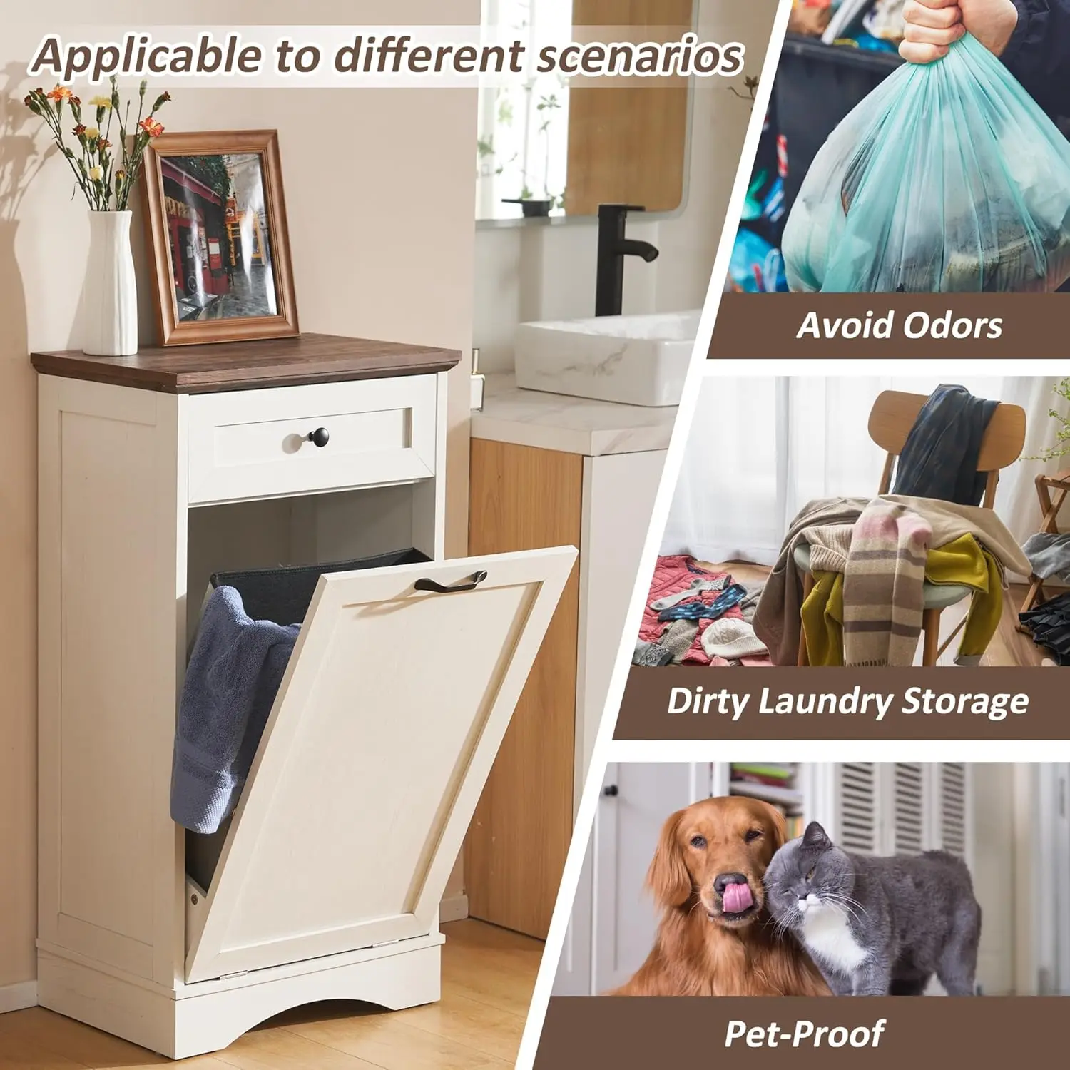 13 Gallons Tilt Out Trash Cabinet Freestanding Kitchen Trash Bin Cabinet Wood Garbage Recycling Cabinet with Hideaway Drawer