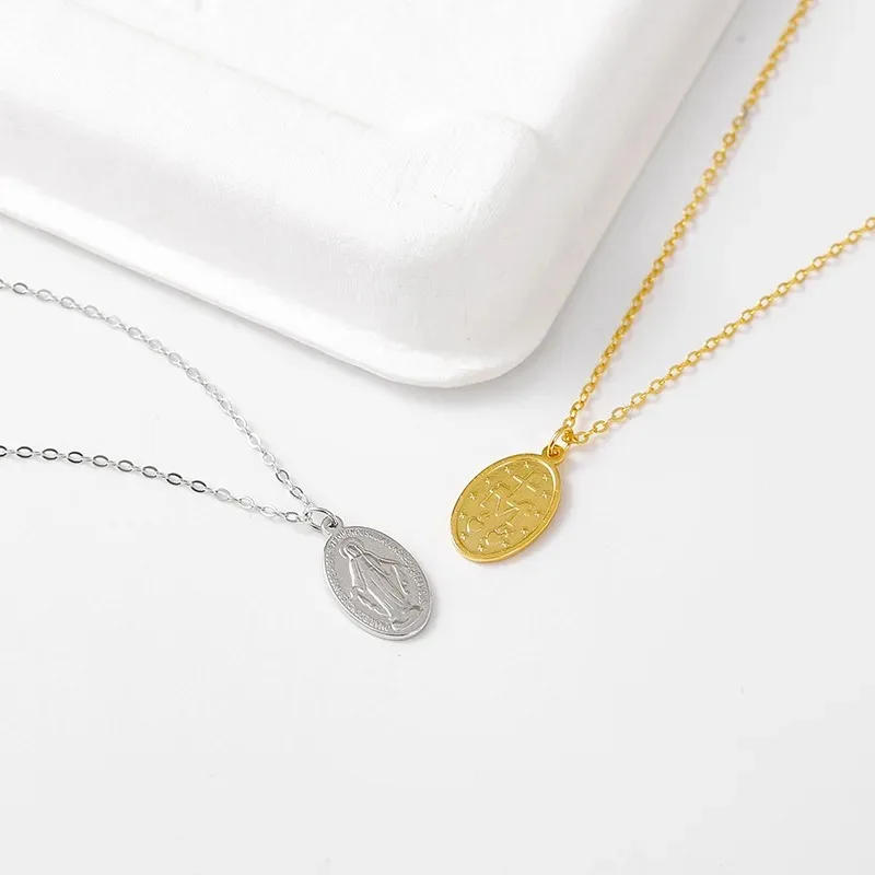 Verdigis Virgin Mary Coin Necklace - 925 Sterling Silver Religious Pendant with Gold Plated Chain, Elegant Catholic   Gift