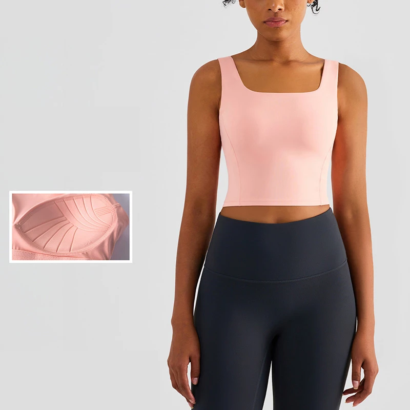 Tank Top Built In Bra Fixed Cup Wireless Sports Bras Fitness Gym