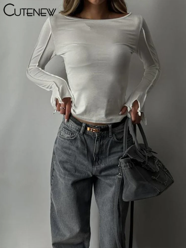 Camisetas clásicas salvajes para mujer, tendencia de otoño, nuevas camisetas ajustadas con cuello redondo y manga larga lisas, camisetas básicas de calle para mujer, nuevas camisetas diarias