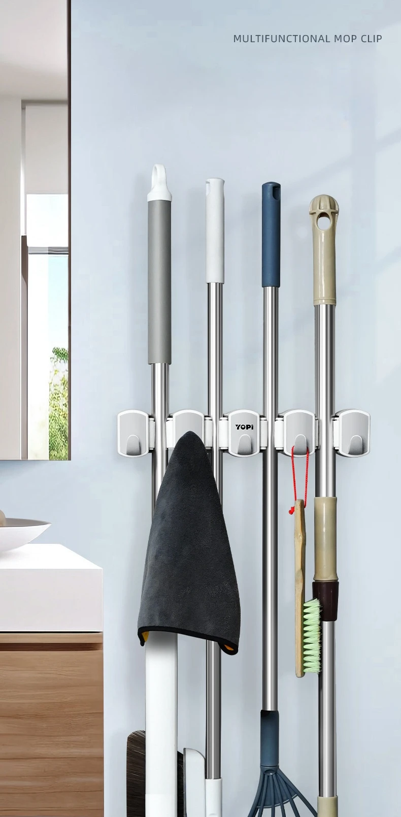 4-Position Wall-Mounted Broom & Mop Organizer