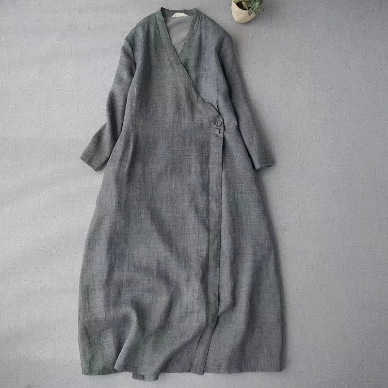 

2024 New Chinese Taoist Dress Shirt Women's V-neck Open Button Topped Nine Quarter Sleeve Vintage Zen Tea Incense Art Costume
