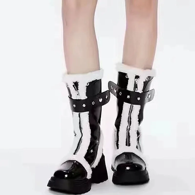 

Front Zipper Platform Calf Boots Round Toe Contrasting Medium Thick Heel Warm Snow Botines Metal Decorative Buckle Women Botas