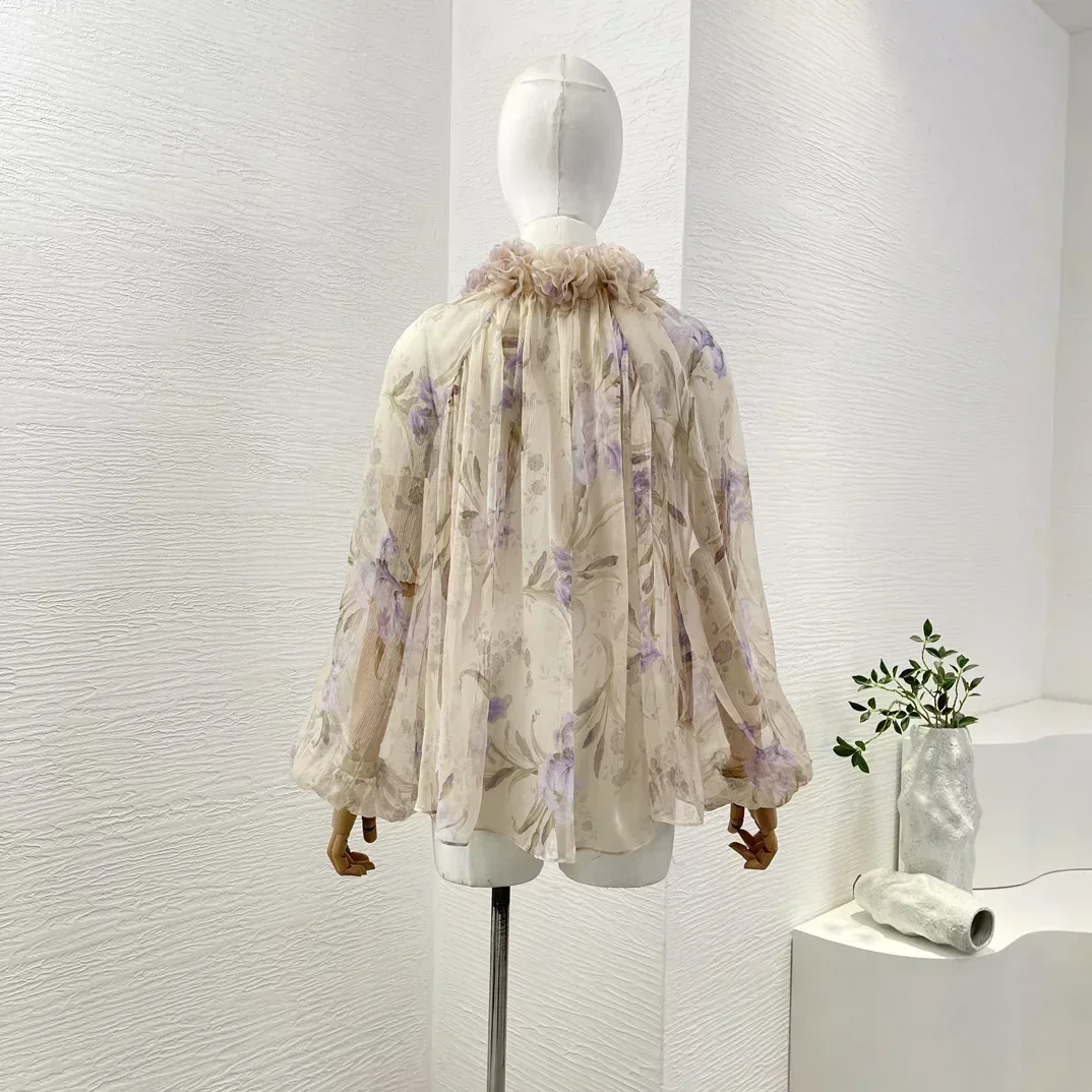 Appliques 2024 Women New Collection High Quality Floral Print Lantern Sleeve Pure Silk Blouse and Belted Linen Shorts Sets 5