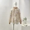 Appliques 2024 Women New Collection High Quality Floral Print Lantern Sleeve Pure Silk Blouse and Belted Linen Shorts Sets 5
