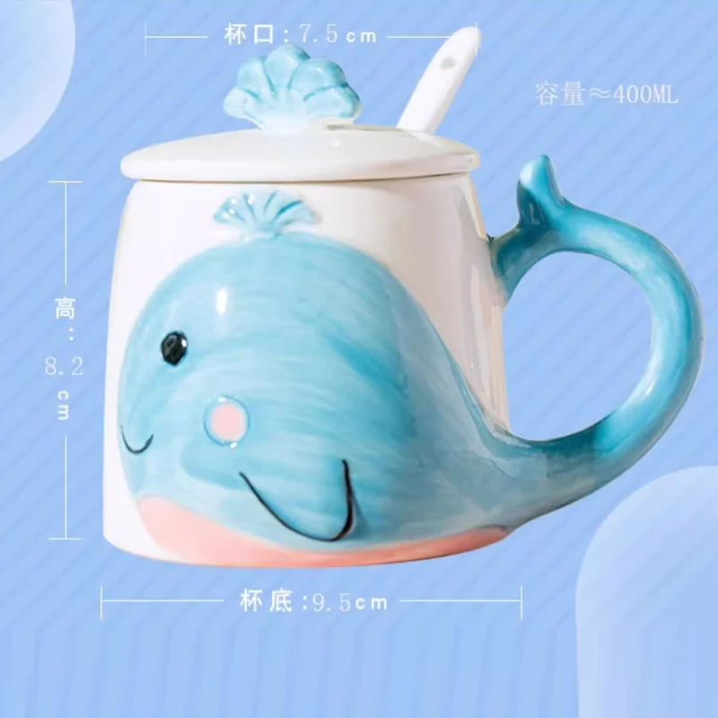 Chinese Style Ceramic Cute Whale Pattern Tea Mugs, Home Personal Office Creative With Cover, Milk Water Coffee Cup, 400 ml , 1Pc
