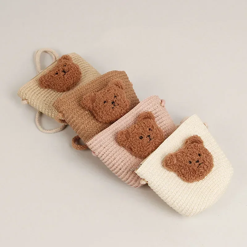 Cute Kids Shoulder Bag Summer Straw Woven Handmade Bags Mini Baby Girls Coin Purse Cartoon Bear Toddler Crossbody Bag 4