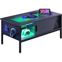 LED Coffee Table with Storage, Modern Coffee Table with Glass Top for Living Room, Black Coffee Center Table with LED Lights