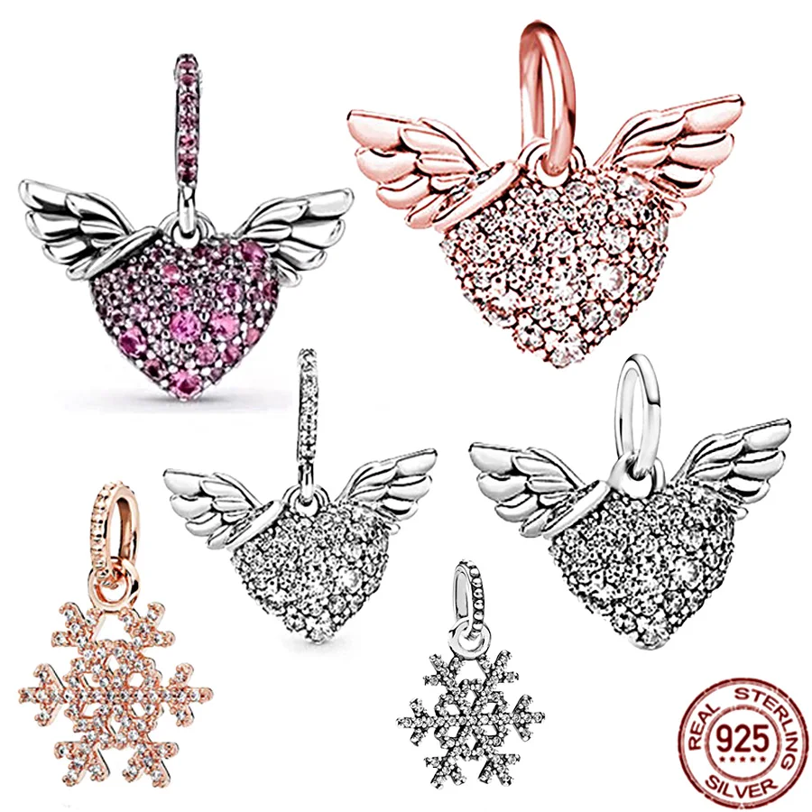 

925 Sterling Silver Sparkling Snowflake & Pavé Angel Wings Dangle Charm Bead For Women DIY Jewelry Fit Original Pandora Bracelet