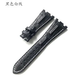 Elegant 28mm Leather Watch Strap in Coffee Brown with Folding Clasp for 28mm (Black white line)