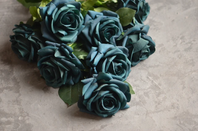 Real Touch 10 Stems Teal Silk Artificial Roses Flowers 'Petals