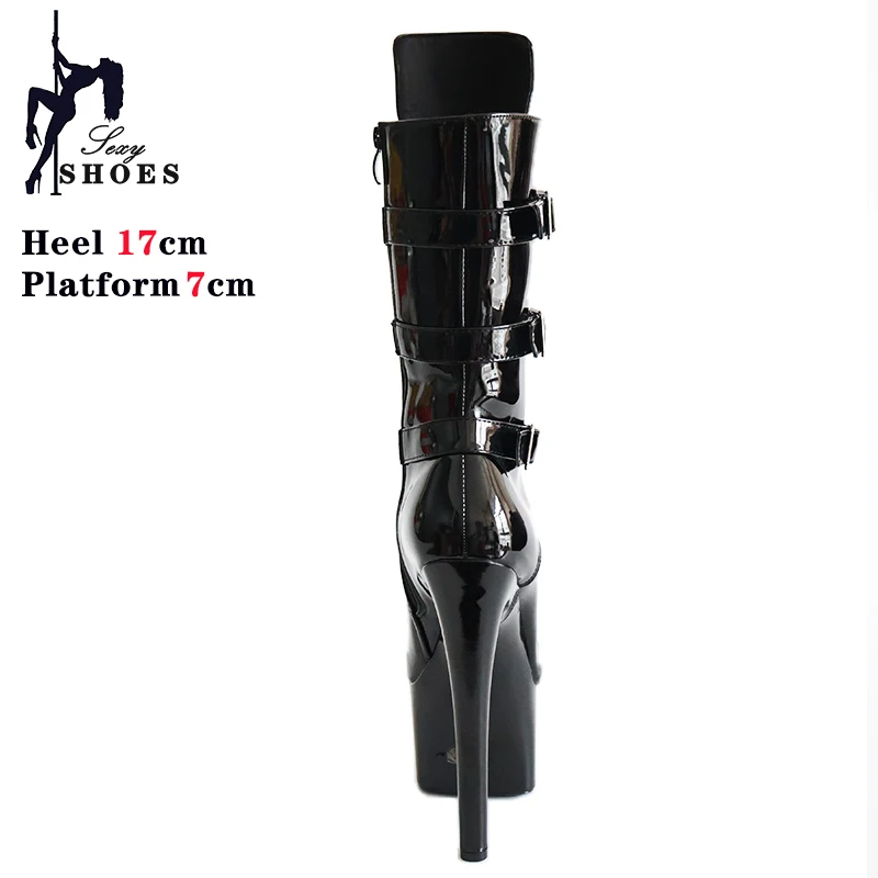 New 17CM Women's Ankle Boots Extreme High Heels Stripper Shoe Pole Dancing Lace Up Short Boot Sexy Belt Buckle Motorcycle Boots
